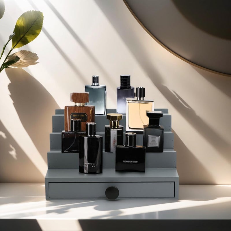 Fengligoo منظم عطور للرجال - حامل عرض خشبي رمادي بأربعة مستويات مع درج وحيز مخفي، حامل عطور للرجال لتنظيم وتخزين العطور - Image 2